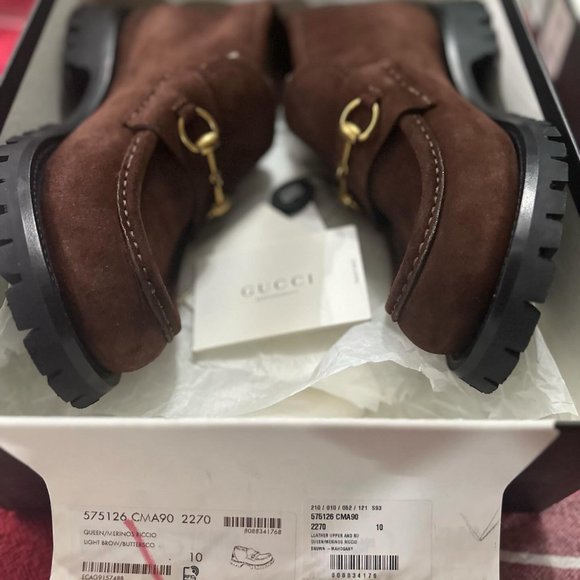 NEW GUCCI MEN'S BROWN SUEDE SHEARLING FUR HORSEBIT BOOTS/Loafer size G8/US 10 - Picture 9 of 16